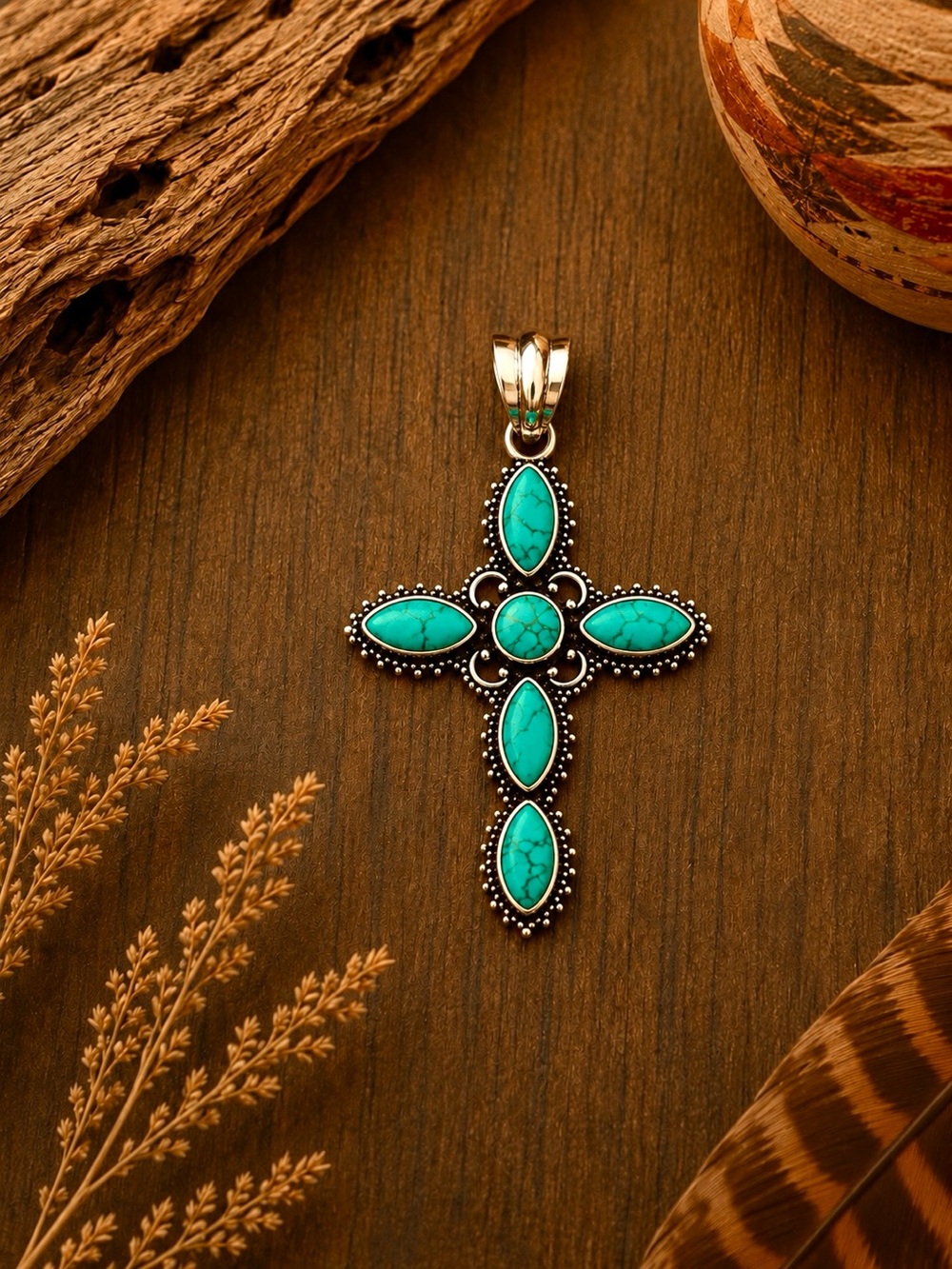 Dainty Turquoise 925 Silver Cross 2” Pendant